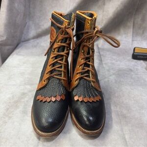 Vintage Justin Kiltie Fringe Lace Up Boots black and brown leather Size 6.5